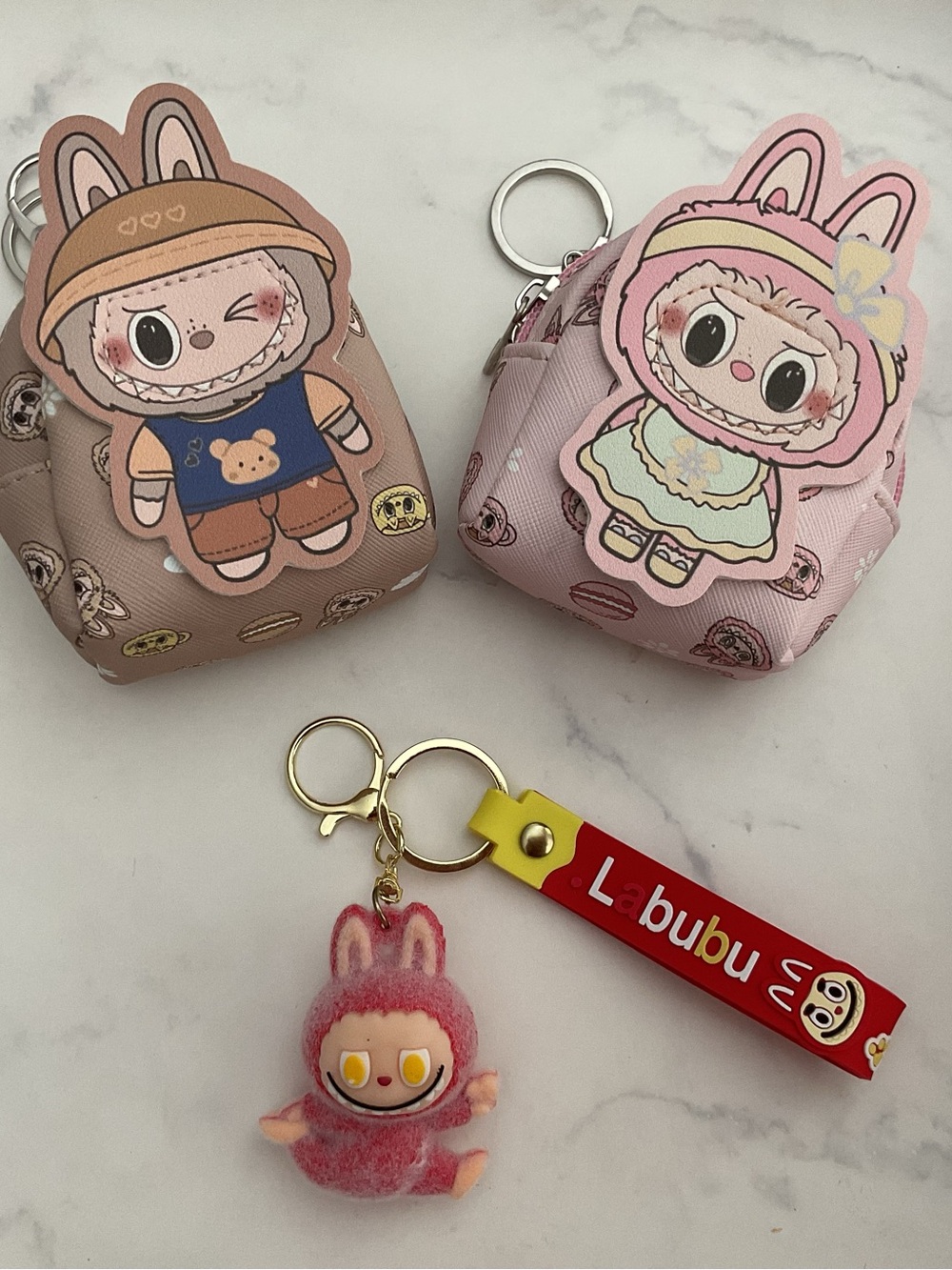 Lot of 2 Labubu Mini Backpack Keychain Charm Pink Girl Tan Boy plus Red Keychain